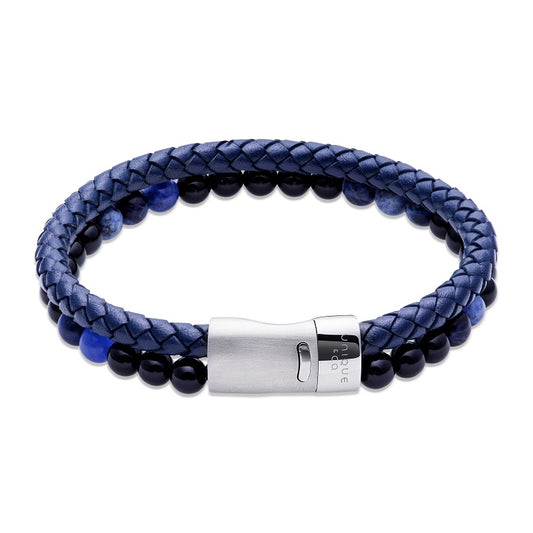 Blue Leather and Bead Double Bracelet