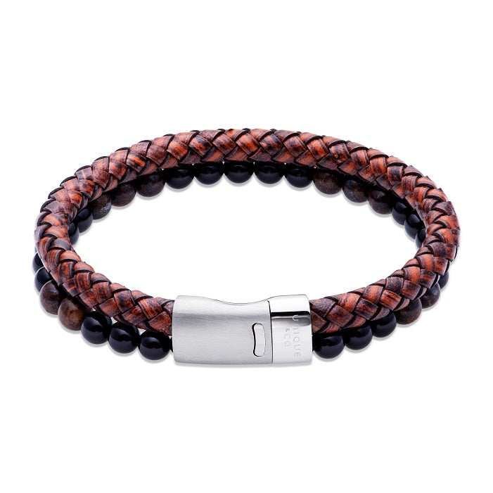 Brown Leather and Bead Double Bracelet