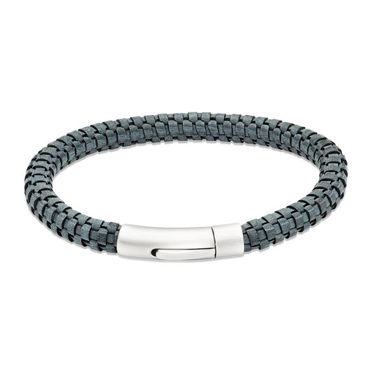 Antique Blue Leather Bracelet with Steel Clasp