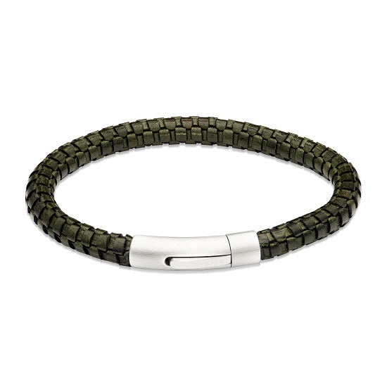 Dark Green Leather Bracelet with Steel Clasp
