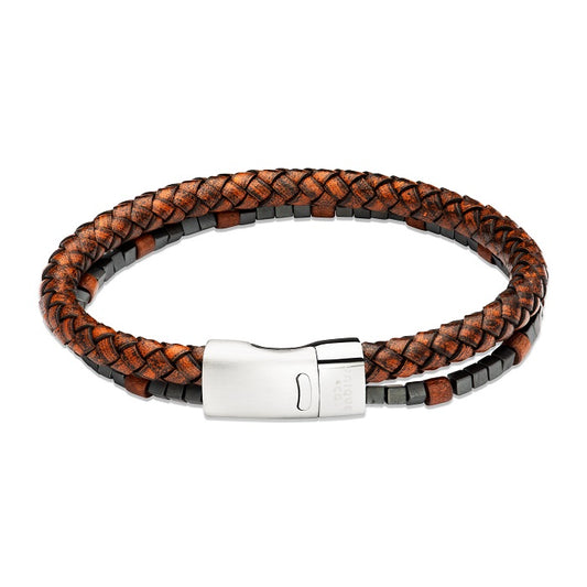 Antique Dark Brown Leather Bracelet With Hematite And Wood Beads