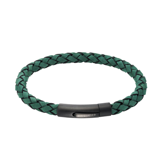 Green Leather Bracelet with Black Steel Clasp