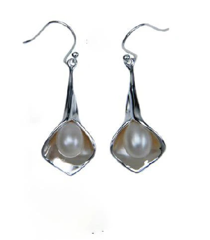 White Pearl Lily Drop Earrings, Silver