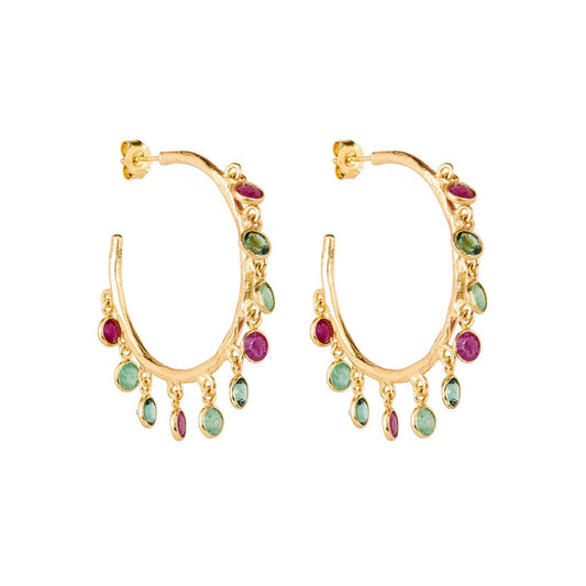 Gemstone Droplet Hoop Earrings, Gold Finish