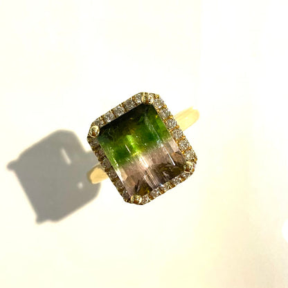 Bi-Colour Tourmaline and Diamond Halo Ring