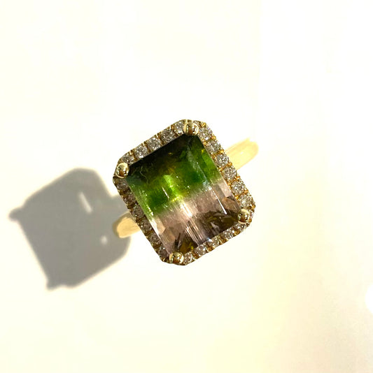 Bi-Colour Tourmaline and Diamond Halo Ring