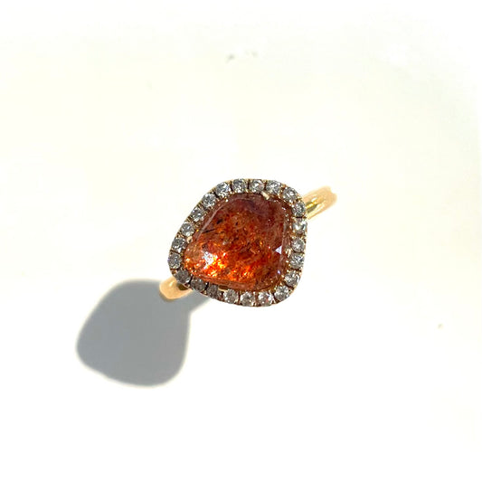 Sunstone and Diamond Halo Ring