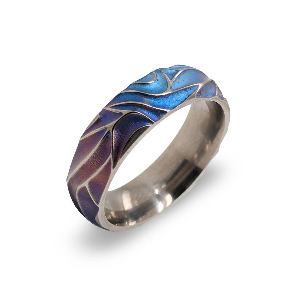 Titanium Carved Waves Ring - Denim 6mm