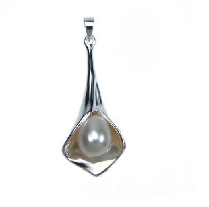 White Pearl Lily Drop Pendant, Silver