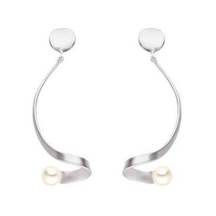 Silver & Pearl Ribbon Curl Drop Earrings