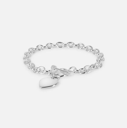 Silver Oval Link Heart Charm Bracelet