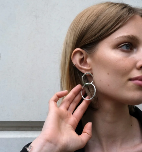Double Circle Drop Earrings, Silver