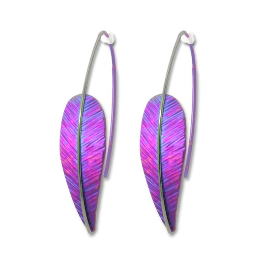 Titanium Feather Drop Earrings - Purple