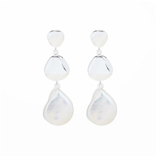 Pebble Pearl Drop Earrings, Silver