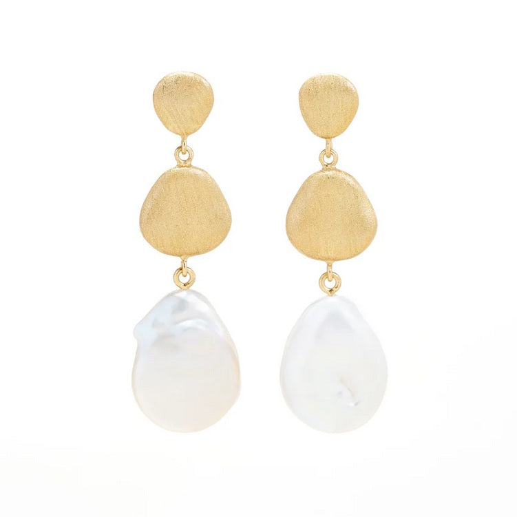 Pebble Pearl Drop Earrings, Gold Finish