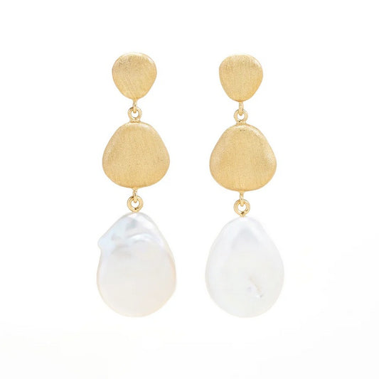 Pebble Pearl Drop Earrings, Gold Finish