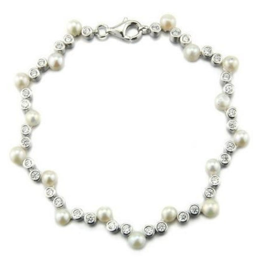 White Pearl and Zirconia Silver Bracelet