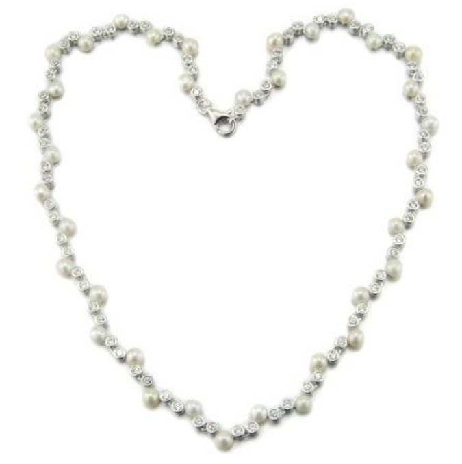 White Pearl and Zirconia Silver Necklace