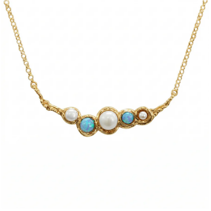 Opalite and Pearl Silver Necklace, Gold Finish