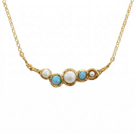 Opalite and Pearl Silver Necklace, Gold Finish