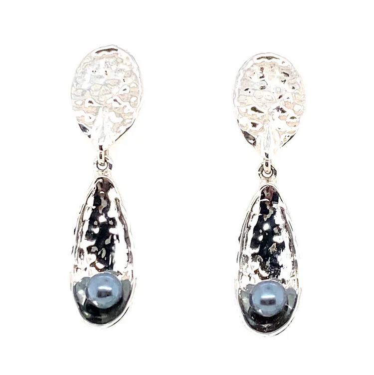 Peacock Pearl Textured Drop Earrings, Silver
