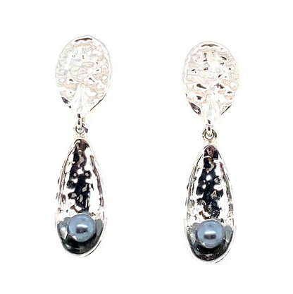 Peacock Pearl Textured Drop Earrings, Silver