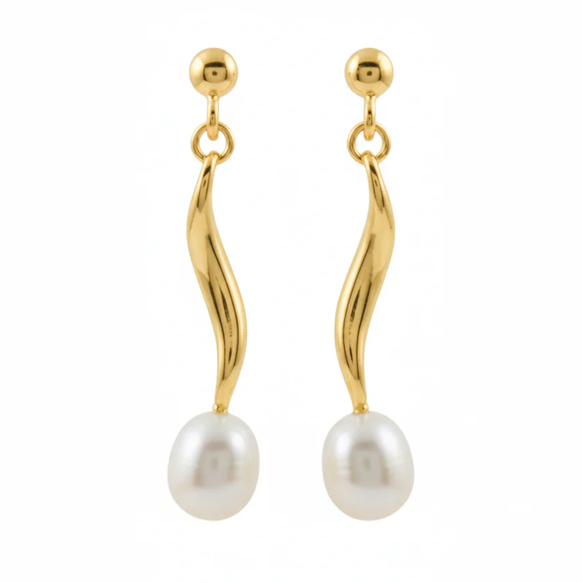 White Pearl Curved Drop Earring, Gold Finish
