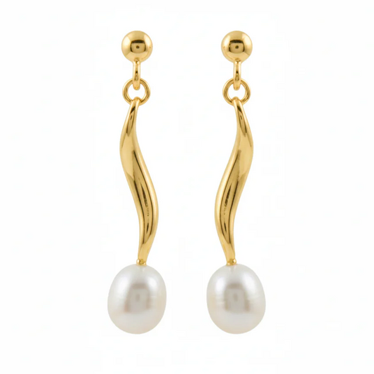 White Pearl Curved Drop Earring, Gold Finish