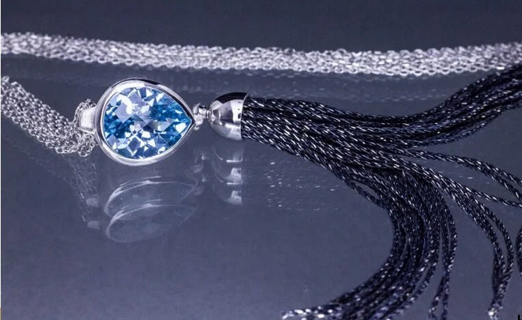 Silver and Blue Topaz Long Necklace, Rhodium