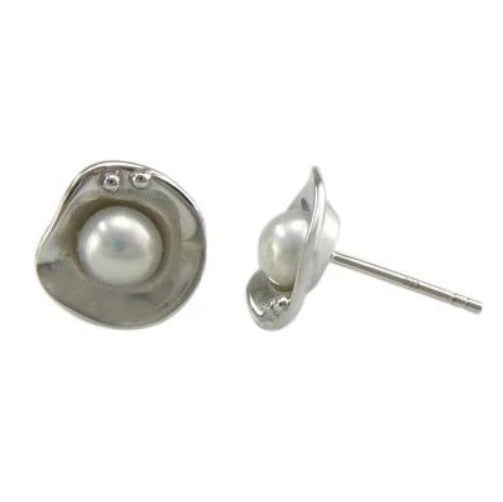 White Pearl Bloom Studs, Silver