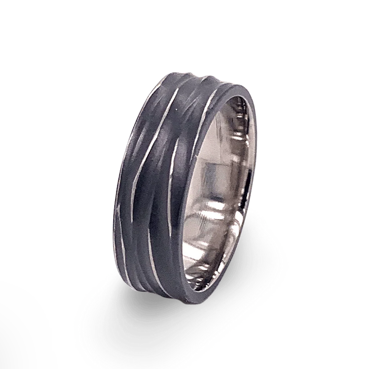 Titanium Carved Ripple Ring, Black 6mm