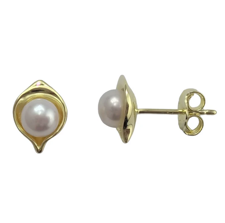 White Pearl Leaf Studs, Gold Finish