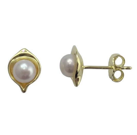 White Pearl Leaf Studs, Gold Finish