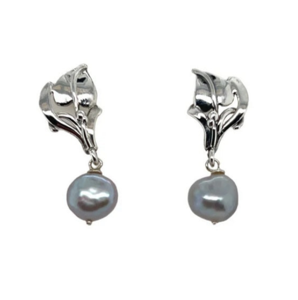 Grey Pearl Leaf Drop Earrings, Silver