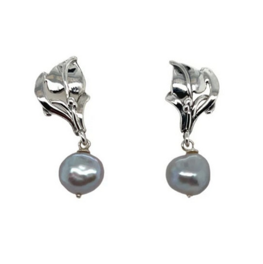Grey Pearl Leaf Drop Earrings, Silver