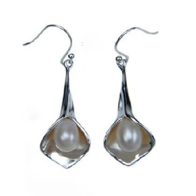 White Pearl Lily Drop Earrings, Silver