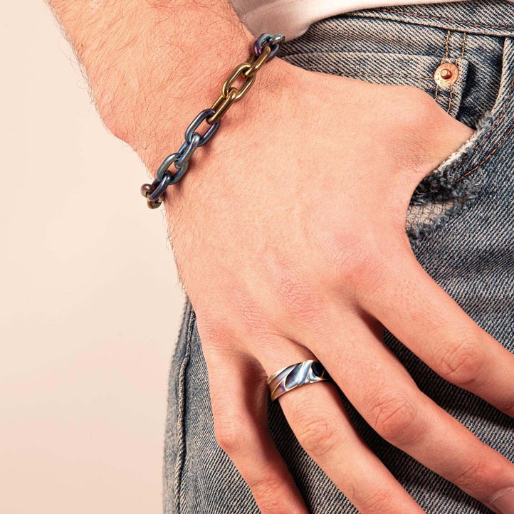 Titanium Deep Carved Wave Ring, Denim 8mm
