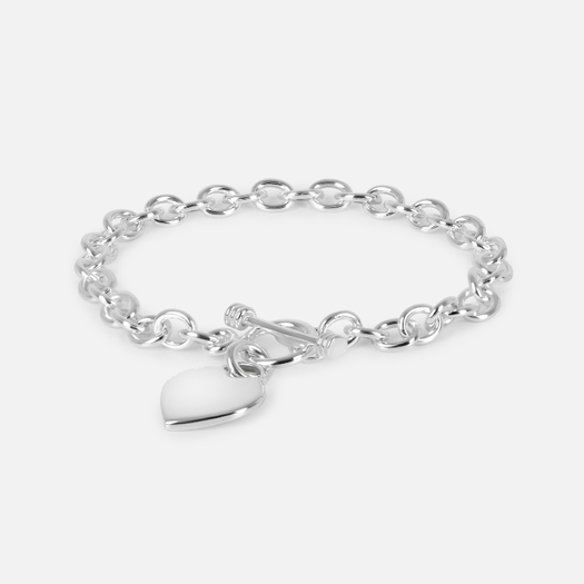 Silver Oval Link Heart Charm Bracelet