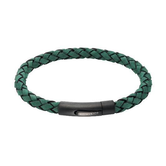 Green Leather Bracelet with Black Steel Clasp