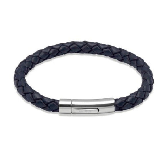 Navy Leather Bracelet with Steel Clasp