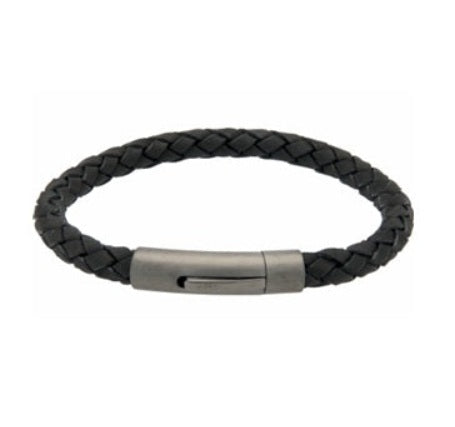 Black Leather Bracelet with Gunmetal Steel Clasp