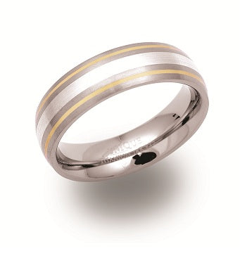 Titanium Yellow Gold & Silver Inlay Ring, 6.5mm