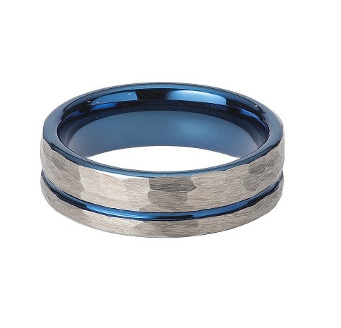 Tungsten Hammered Blue IP Ring