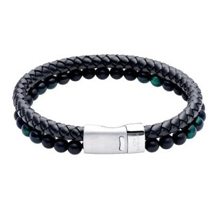 Black Leather and Bead Double Bracelet