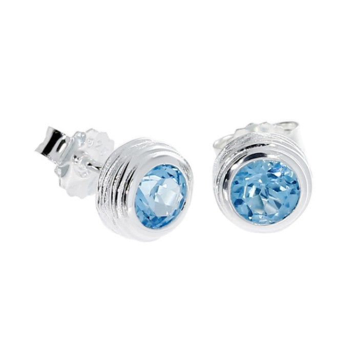 Crease Silver Stud Earrings, Blue Topaz