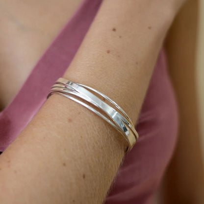 Silver Multi-Line Cuff Bangle