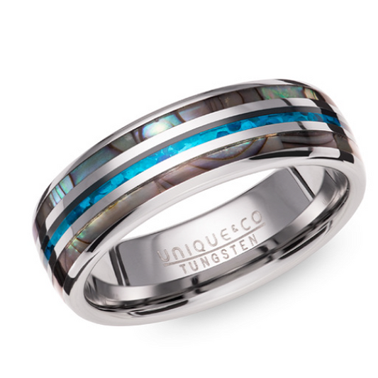 Tungsten Abalone Shell and Blue Opal Replica Inlay Ring