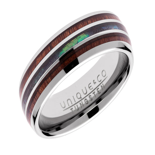 Tungsten Wood & Abalone Shell Ring