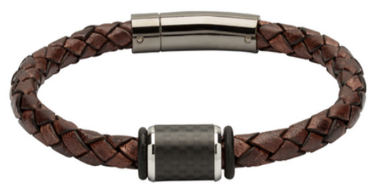 Antique Dark Brown Leather Bracelet with Carbon Fibre Elements