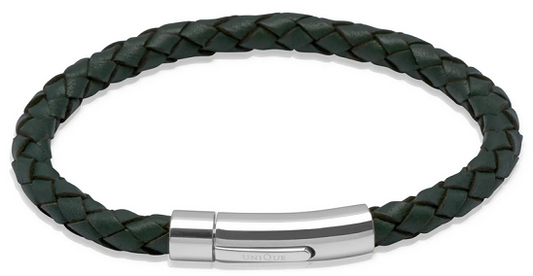 Dark Green Leather Bracelet with Steel Clasp
